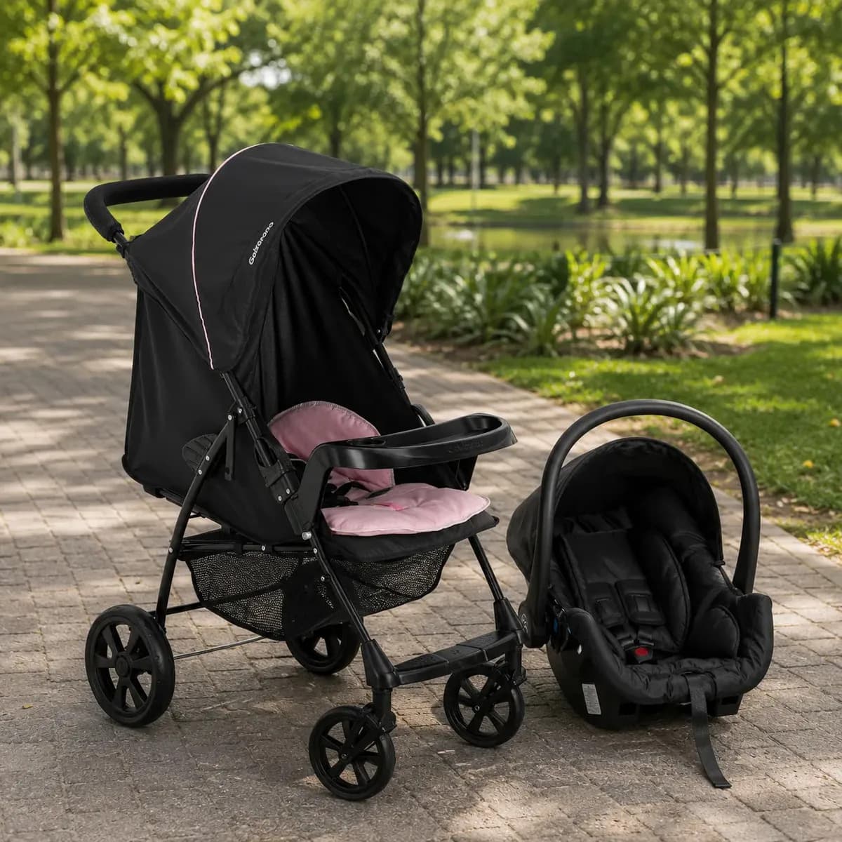 Carrinho de Bebe com Bebe Conforto Galzerano Romano G22 Preto Rosa Carrinho de Bebe Passeio Compacto