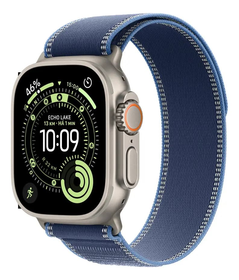 Apple Watch Ultra 3 GPS + Cellular • Caixa natural de titânio – 49 mm • Pulseira loop Trail azul/azul-brilhante – P/M