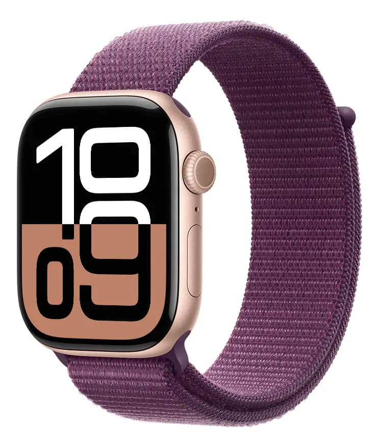 Apple Watch Series 10 GPS • Caixa cor de ouro rosa de alumínio – 46 mm • Pulseira loop esportiva ameixa