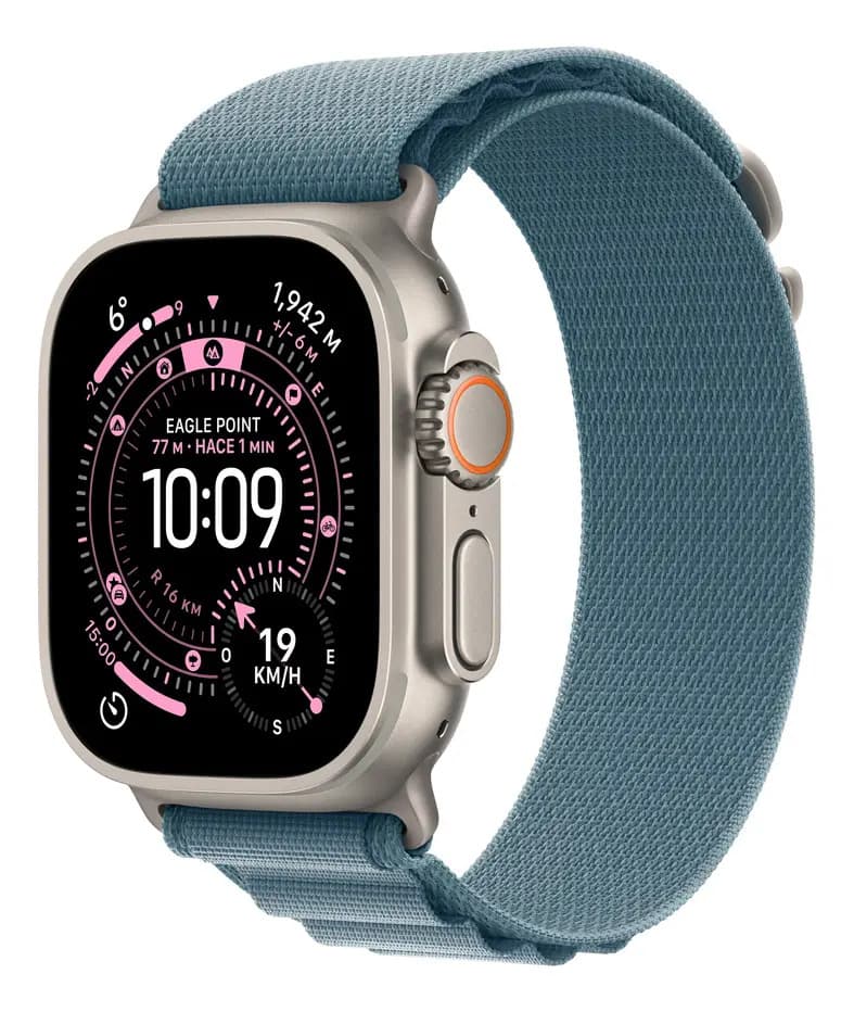 Apple Watch Ultra 3 GPS + Cellular • Caixa natural de titânio – 49 mm • Pulseira loop Alpina azul-clara – P