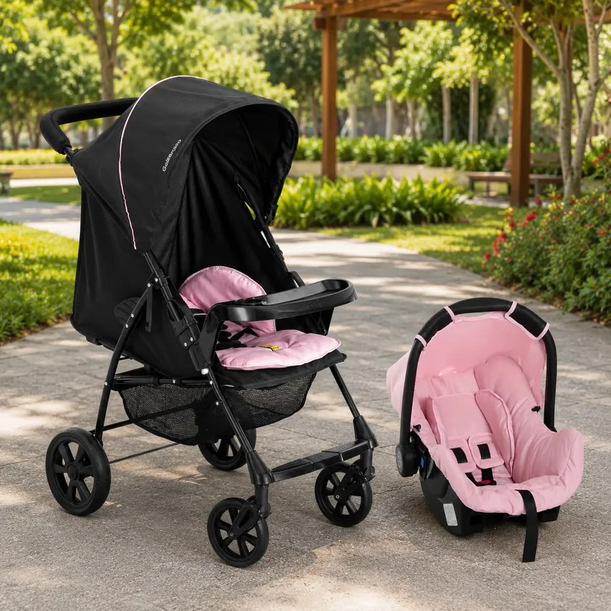 Carrinho de Bebe com Bebe Conforto Rosa Galzerano Romano G22 Preto Rosa Carrinho de Bebe Passeio