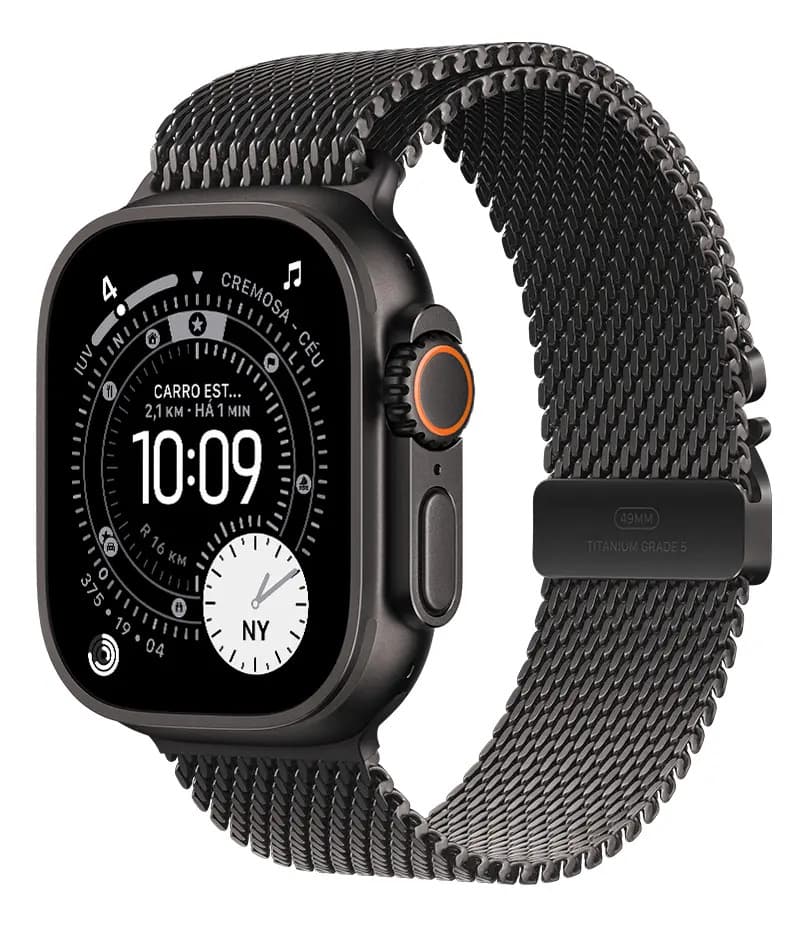 Apple Watch Ultra 3 GPS + Cellular • Caixa preta de titânio – 49 mm • Pulseira preta estilo milanês de titânio – M