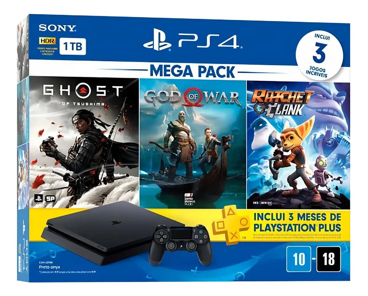 Sony PlayStation 4 Slim PlayStation 4 1TB Mega Pack: Ghost of Tsushima/God of War/Ratchet & Clank cor preto-azeviche