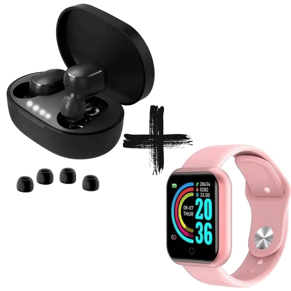 KIT Smartwatch D20 com Notificações E Fones de Ouvido Sem Fio Bluetooth 5.0 - Cor: Rosa