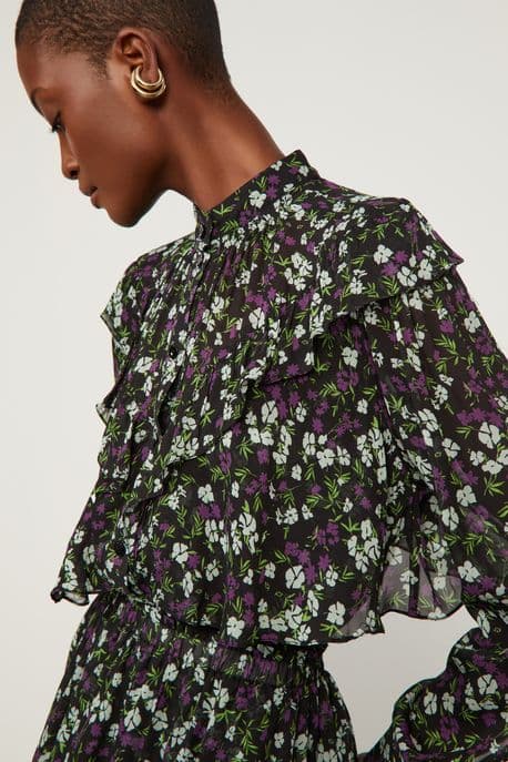 Camisa De Georgette Leve Babados Estampada Est Floral Jardim Preto e Menta - 42