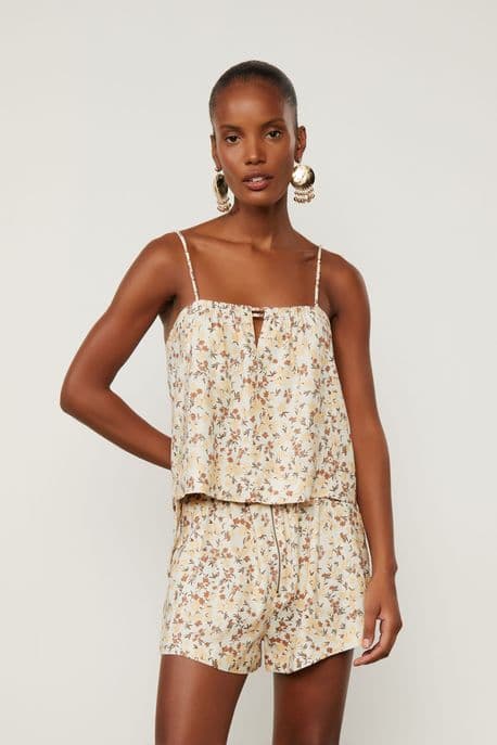 Regata De Alcinha Com Linho Estampada Est Floral Jardim Creme - 36