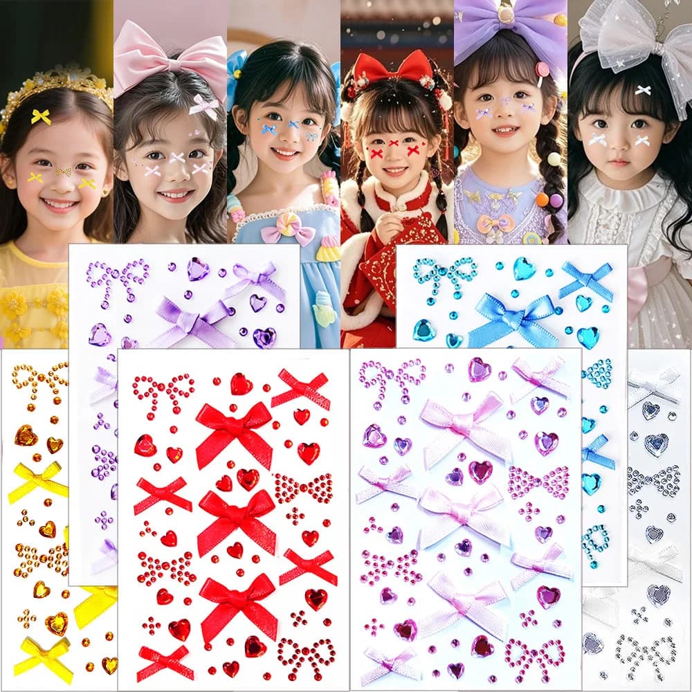Face Stickers Pink Bow Rhinestone Diamond Shiny Waterproof Self Adhesive for Concert Fan Support Makeup