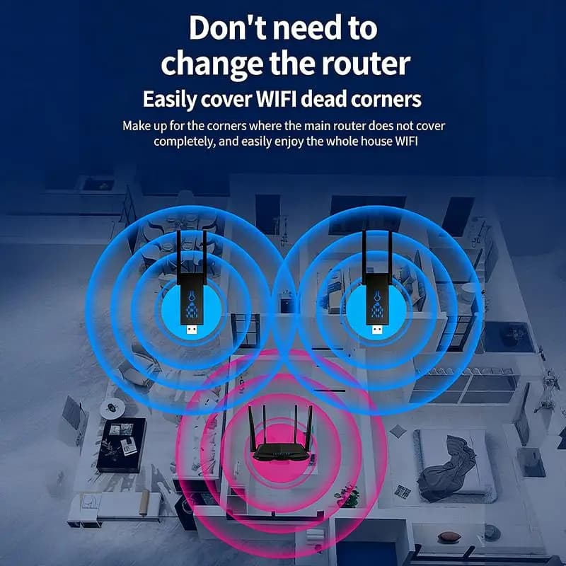 Dual Band 1300Mbps WiFi Range Extender USB Signal Amplifier Router Repeater Wall-Penetrating Home Network Booster
