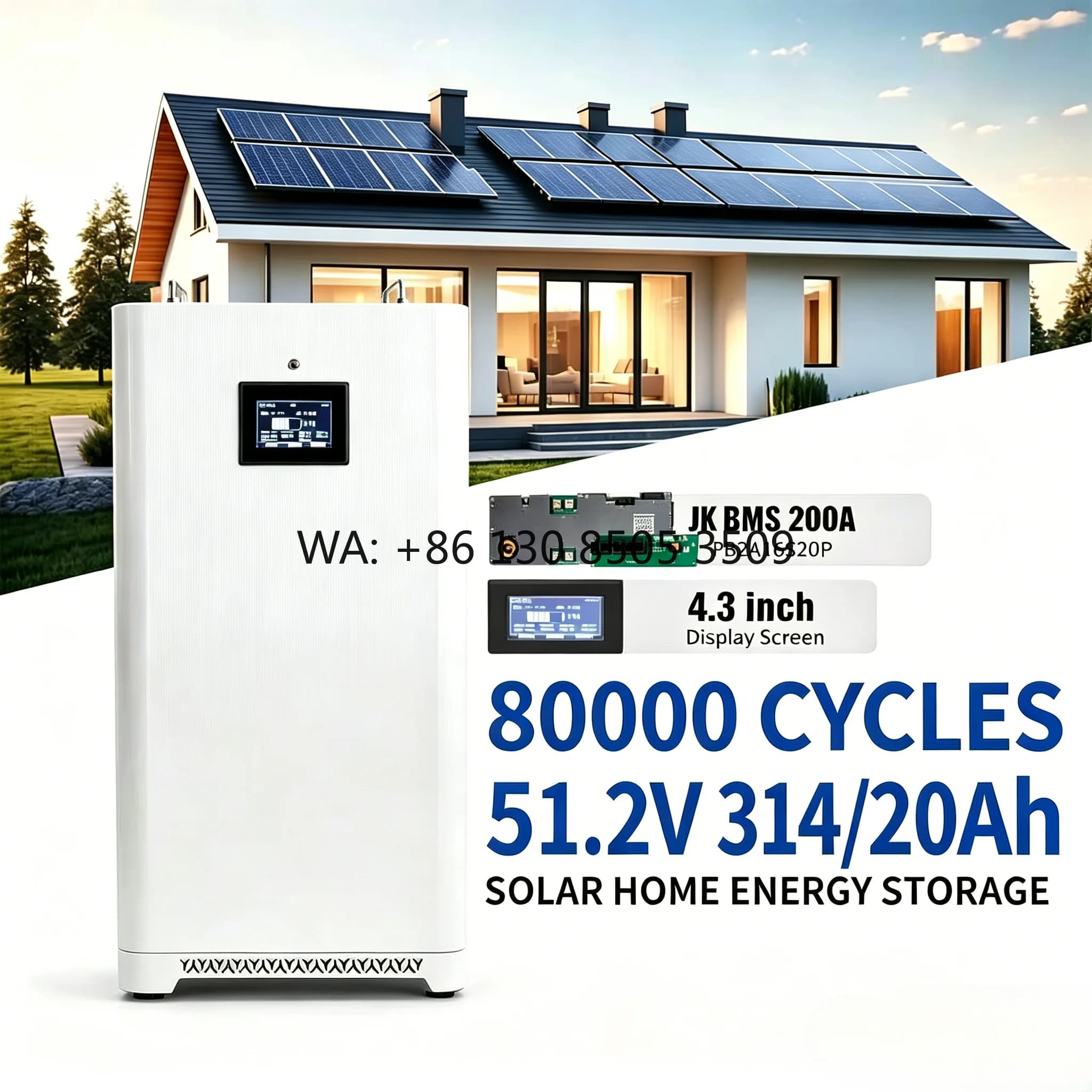 8000 Cycles 200A Touch Screen 15kwh 314ah 51.2v Solid State LiFePO4 Batteries Pack for Solar Battery Storage Sys SUPSRSAFE