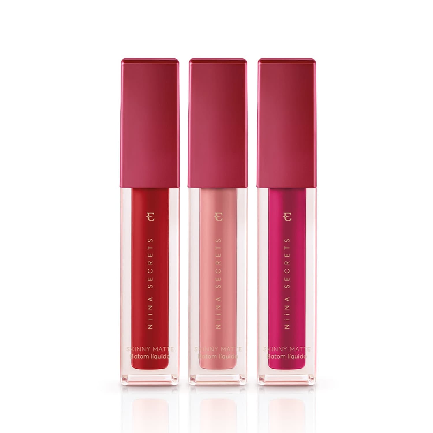 Combo Batom Líquido Niina Secrets Skinny Matte: Hibisco 4ml + Rose Gardênia 4ml + Pink Peônia 4ml