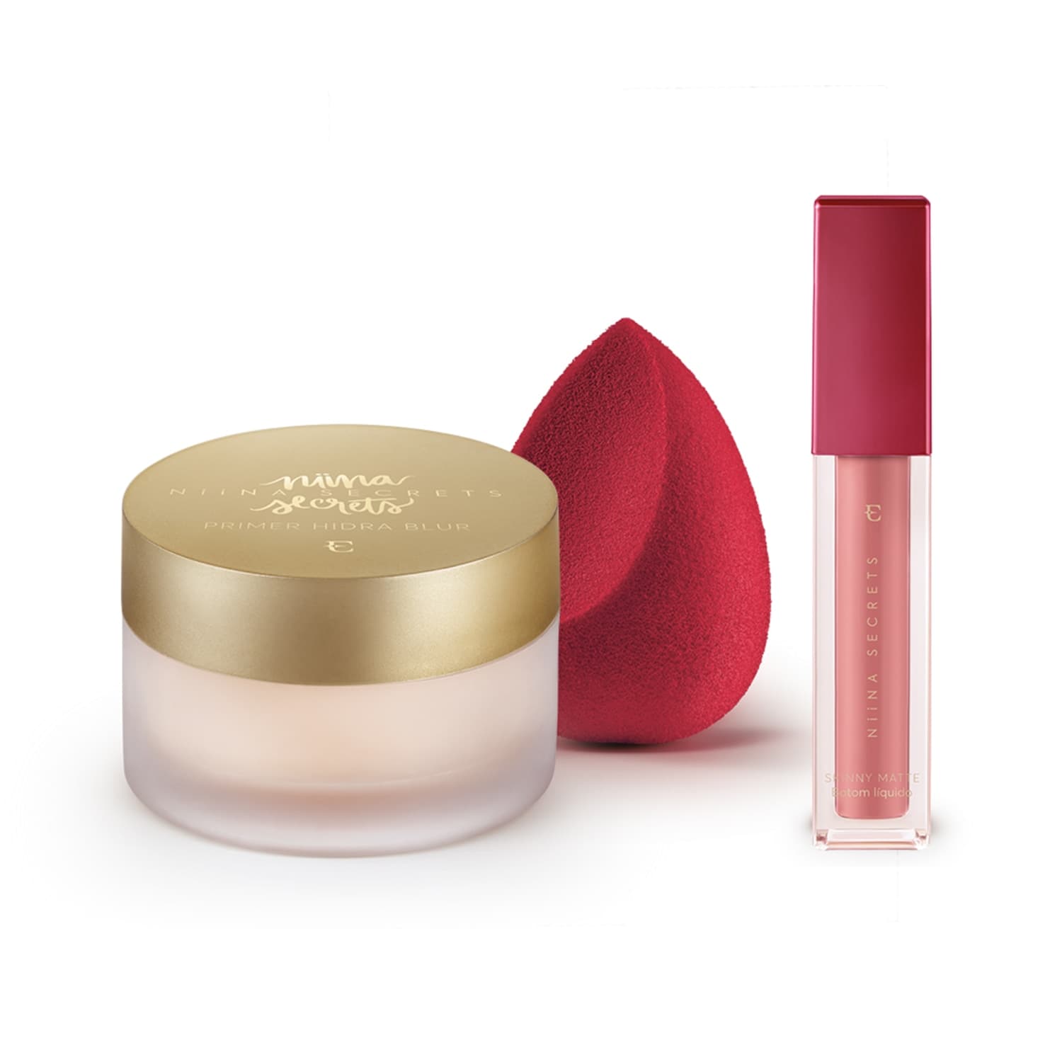 Kit Niina Secrets Batom Skinny Matte Rose Gardênia + Primer + Esponja