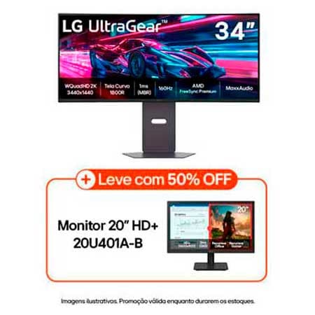 LG Monitor Gamer UltraGear™ Curvo 34" QuadHD 2K, UltraWide 1800R, 160Hz, 1ms (MBR), AMD FreeSync™ Premium, HDR10, MaxxAudio - 34G600A-B