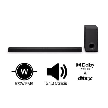 Soundbar LG S90TY – 570W RMS, Dolby Atmos, 5.1.3 Canais, DTS:X, AI Room Calibration Pro, AI Sound Pro, Sem fios, WOW Orchestra, Conexões Múltiplas - S90TY